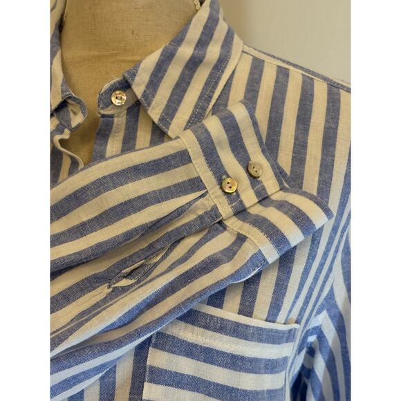 NICOLE MILLER blouse Top Linen Blend Stripe Blue White 3/4 Long Sleeve | LARGE - Picture 4 of 10